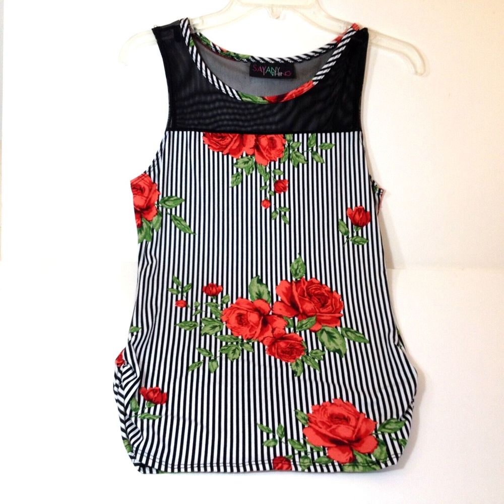 Say Anything Top Roses 2 Tone Sleeveless Shirt Size Small Mesh at Top